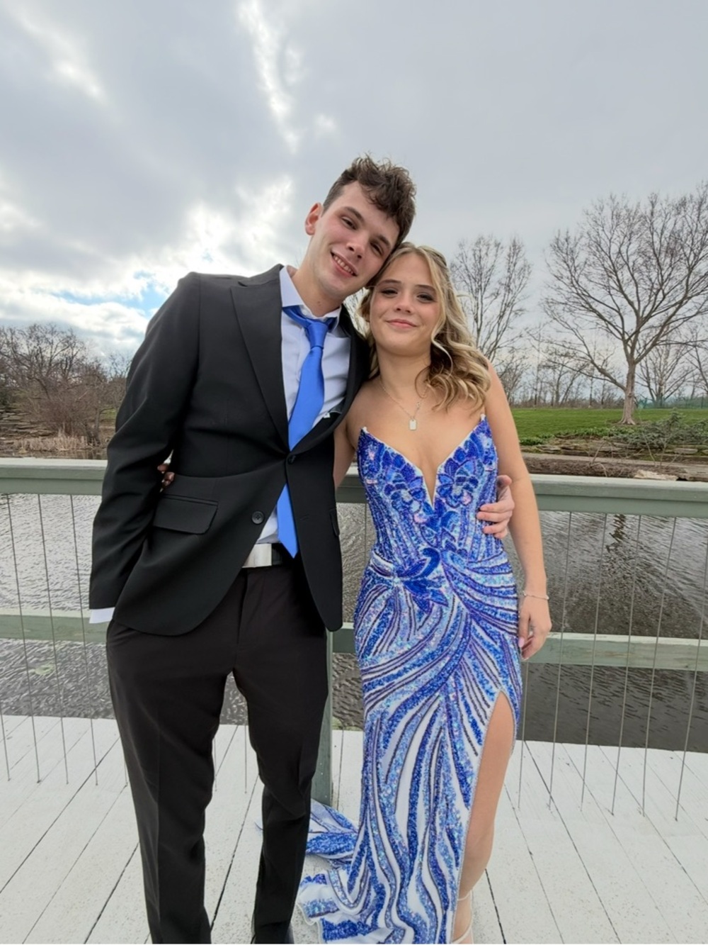 Royal Blue Sequined Prom Gown with Front Slit - Picture 2 of 5